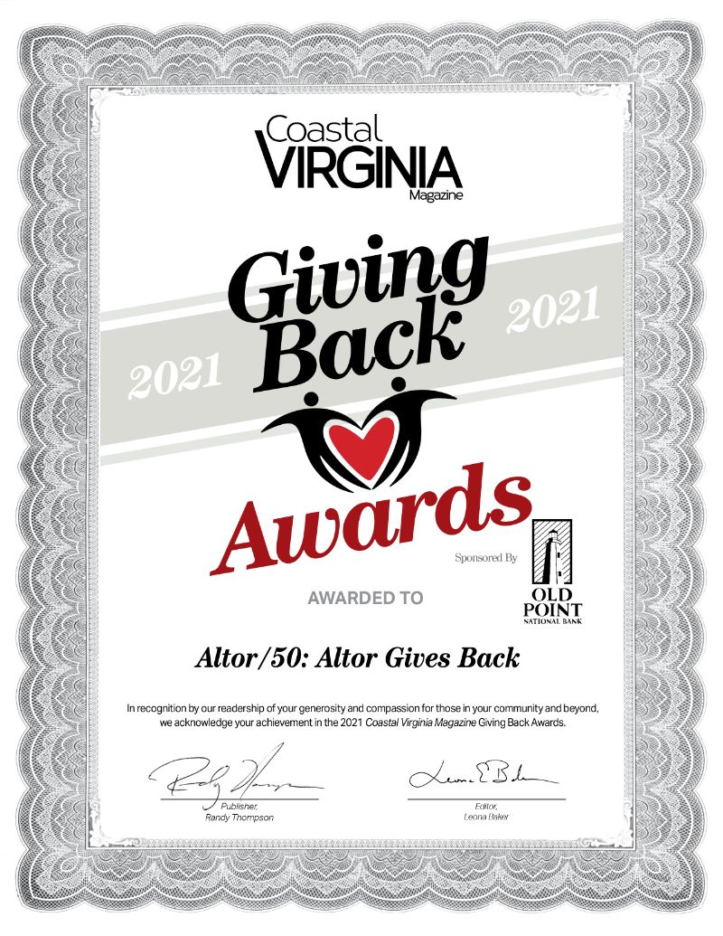 Altor Gives Back Award from Coastal Virginia Magazine